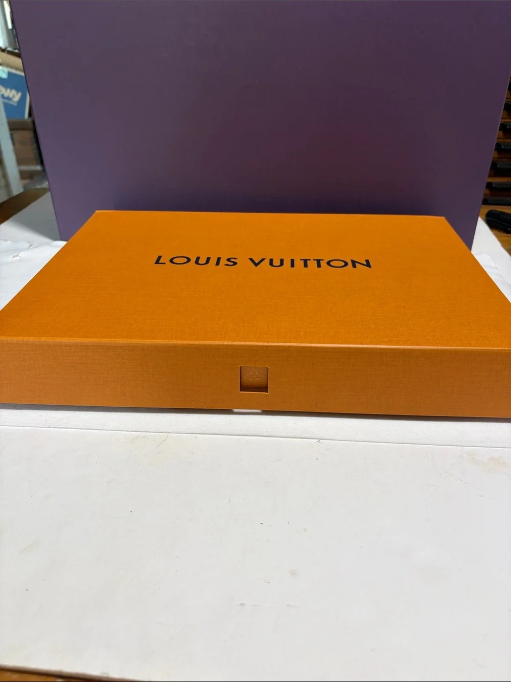 Louis Vuitton Orange Box with Navy Logo 16 x 11 x 2